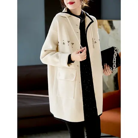 宝诗黎连帽中长款钉钻温柔外套2023冬季新款时尚单排扣开衫上衣女图片