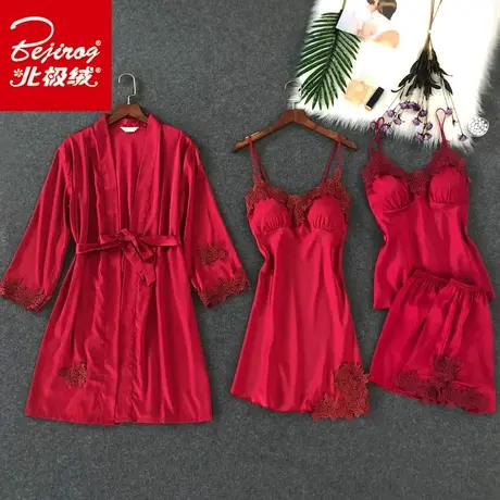 性感睡衣女夏睡袍四件套冰丝吊带裙带胸垫聚拢小胸成人火辣家居服图片
