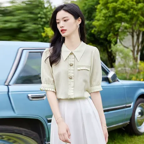 时尚甜美气质短袖衬衫2022年夏季新款淑女温柔显瘦通勤简约上衣商品大图
