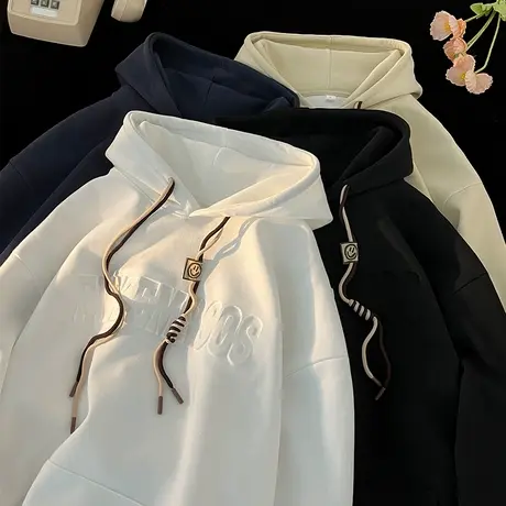 钢印字母纯棉连帽卫衣男春秋季2024新款美式宽松加绒加厚上衣外套商品大图