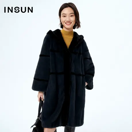 INSUN恩裳冬季撞色条纹连帽水貂皮草外套商品大图
