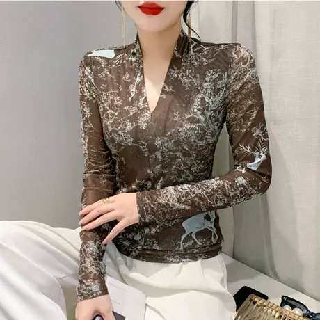 欧货性感V领打底衫女长袖网纱印花气质镂空减龄上衣修身显瘦T恤秋商品大图