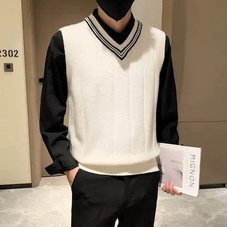 秋冬季休闲男V领针织衫背心马甲韩版学院风休闲无袖坎肩上衣毛衣商品大图