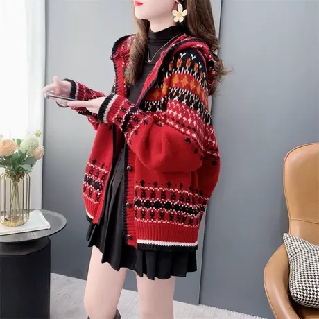 复古提花新年红色连帽毛衣开衫女春秋2024新款加厚高级感针织外套图片