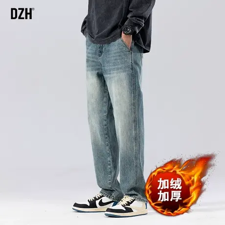 男士加绒加厚牛仔裤男冬季宽松直筒2024新款裤子美式高街大码男裤商品大图