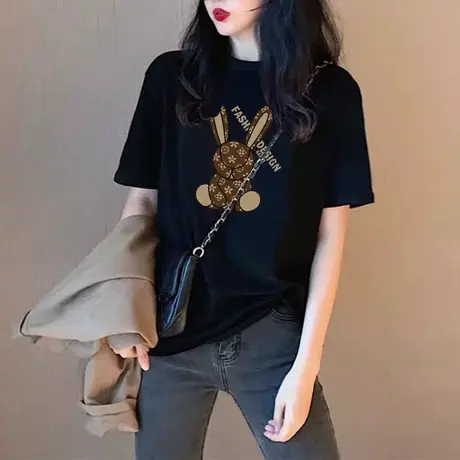 欧货黑色短袖T恤女纯棉印花新款2024年火爆款宽松打底上衣女内哒商品大图