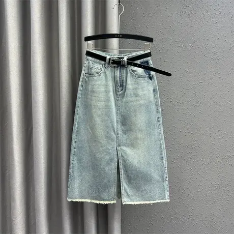 欧货浅色休闲毛边牛仔半身裙女春夏新款高腰显瘦中长款开叉a字裙图片