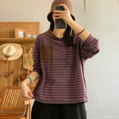 dza 复古纯棉条纹口袋长袖T恤女春秋宽松打底衫休闲连帽外搭上衣图片