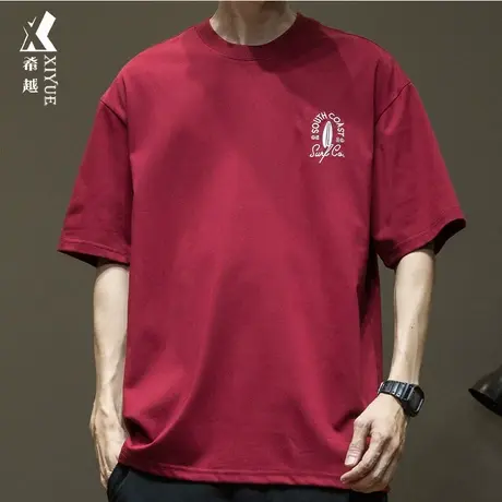 希越红色短袖T恤男2025夏季新款宽松大码t恤男士休闲绣花打底衫潮图片