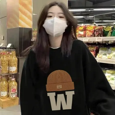 春秋薄款圆领卫衣女小个子美式高街复古韩版宽松oversize外套上衣商品大图