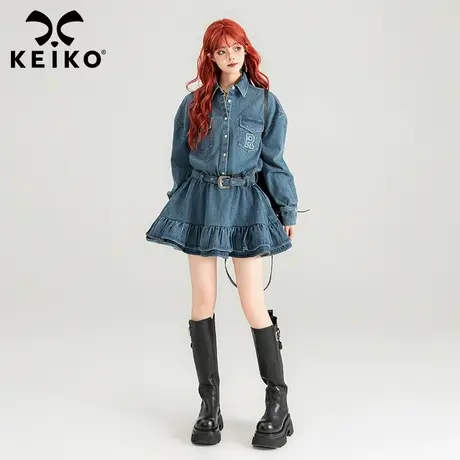 KEIKO 美式复古牛仔连衣裙24春夏辣妹系带收腰显瘦荷叶边A字裙子图片