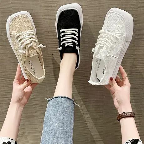 网鞋女平底潮流新款夏日韩原宿丑萌鞋蕾丝休闲鞋百搭镂空透气方头商品大图