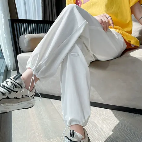 冰丝运动裤女夏季薄款防蚊宽松束脚小个子阔腿直筒白色休闲灯笼裤商品大图