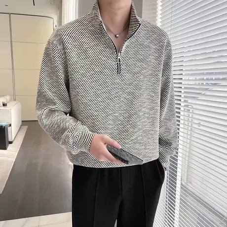春季新品潮流立领卫衣男OOTD外套2024年休闲宽松条纹拉链套头小衫图片