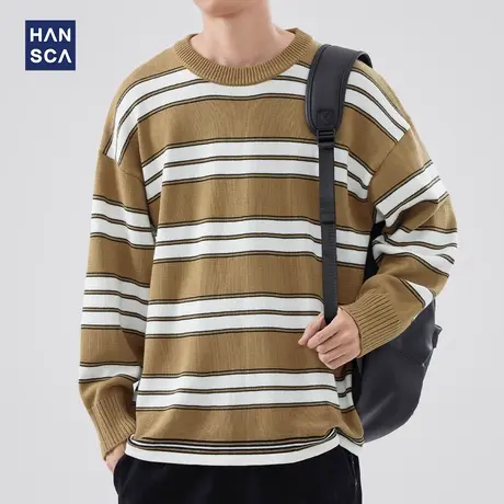 hansca撞色条纹圆领毛衣男秋冬季日系潮牌简约高级宽松休闲针织衫商品大图
