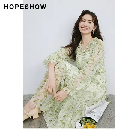 红袖高级粉绿圆领碎花裙hopeshow2024春季新款抽褶套头淑女茶歇裙图片