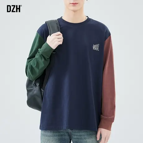 男士春季新款内搭打底衫男宽松上衣男款衣服圆领拼接美式长袖t恤商品大图