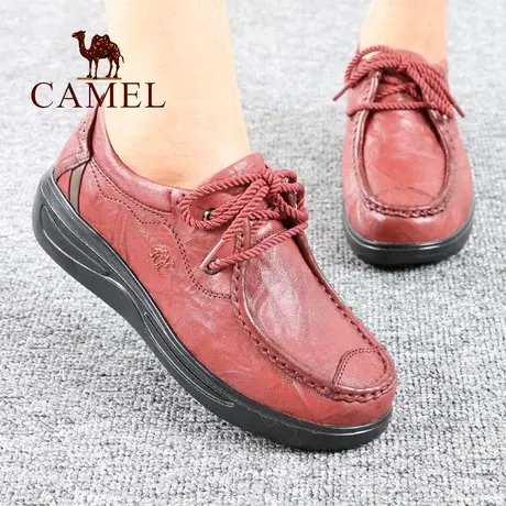 Camel/骆驼女鞋秋季款真羊皮系带坡跟中年轻便舒适休闲妈妈单鞋子图片