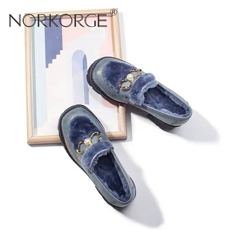 2023新款冬复古蓝金色毛毛鞋真皮保暖真毛小皮鞋显瘦粗跟防滑短靴商品大图