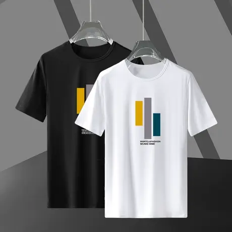 莫代尔夏季男t恤短袖ins潮牌圆领体恤冰丝冰感上衣服修身黑色半袖商品大图