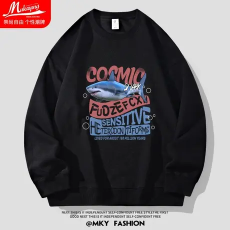 2023秋季新款鲨鱼字母印花宽松圆领卫衣男秋季大码潮流休闲帽衫潮图片