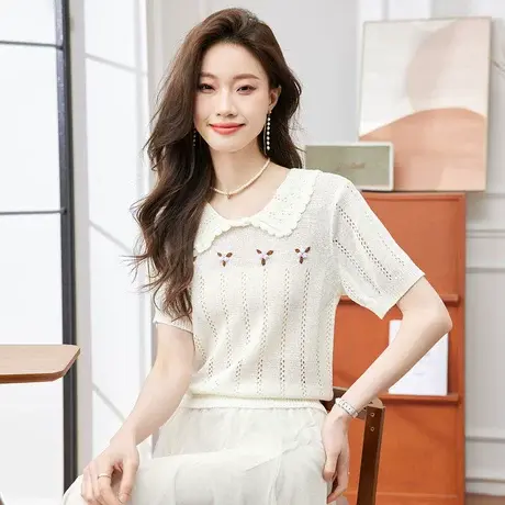 时尚气质POLO领短袖T恤2023年夏季新款淑女温柔修身显瘦通勤上衣商品大图