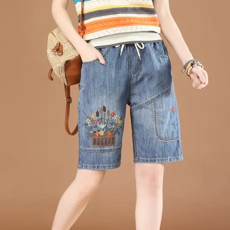 韩潮袭人松紧腰休闲刺绣牛仔短裤女2023夏新款百搭哈伦五分裤薄款商品大图