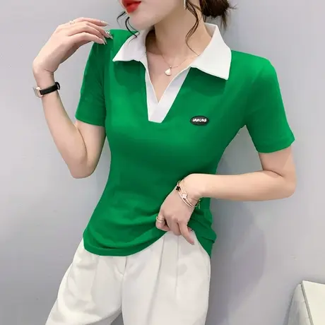 短袖女夏季2023新款时尚POLO领T恤设计感拼色上衣洋气修身小衫ins商品大图
