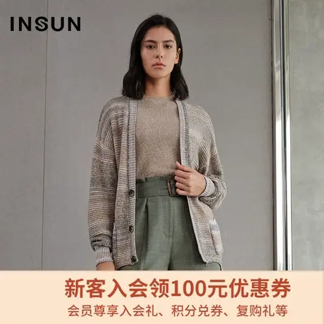 恩裳春季时尚宽松休闲条纹罗纹开衫毛针织衫外套女图片