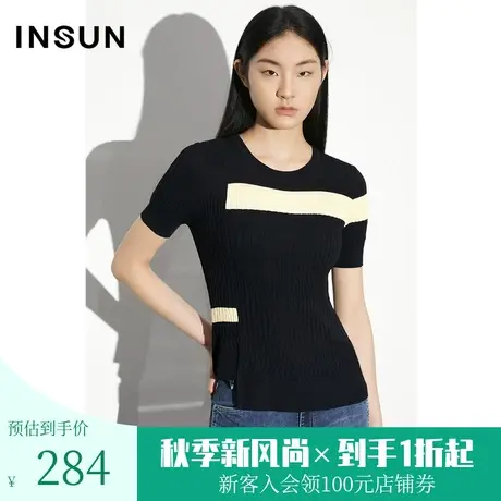 [凉感冰丝]恩裳COVER2023年夏款新款撞色显瘦坑条修身圆领针织衫商品大图