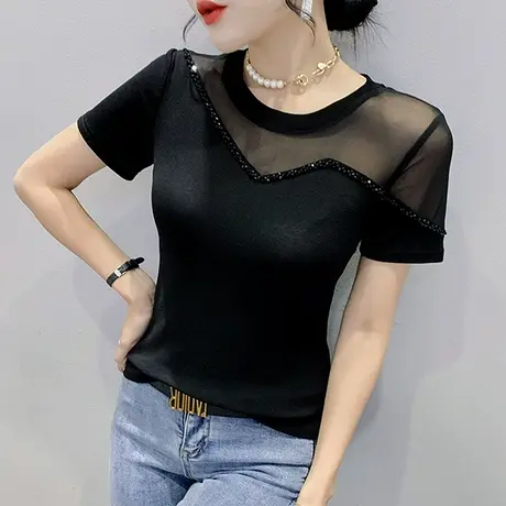 网纱拼接T恤女短袖2023夏装新款性感镂空圆领T恤时尚洋气钉珠小衫图片