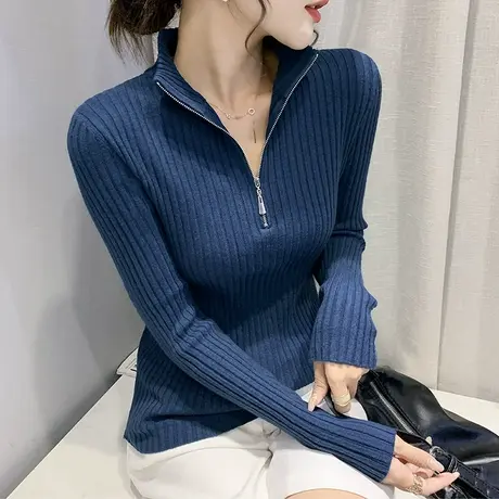 2023春秋新款拉链半高领针织衫女长袖纯色百搭套头毛衣洋气打底衫图片