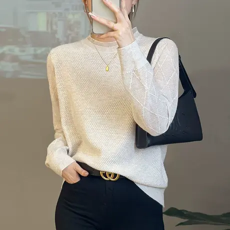 圆领蕾丝打底衫女内搭秋季2023年新款宽松长袖镂空薄款针织衫上衣商品大图