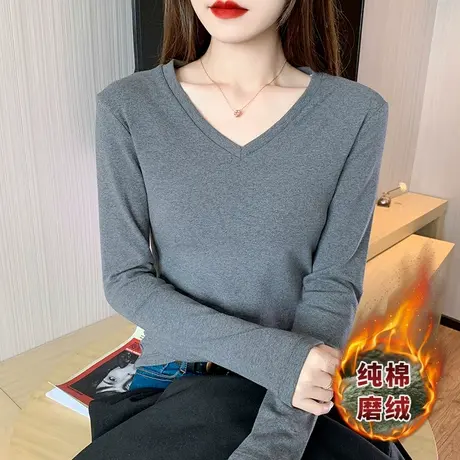 纯棉v领加厚t恤女气质洋气秋冬款长袖体恤内搭上衣新款小众打底衫商品大图