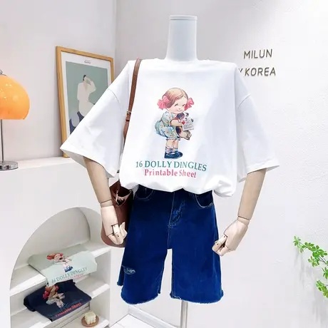 韩系ins复古美式字母短袖上衣2023春夏新款欧货潮宽松大版遮臀T恤商品大图