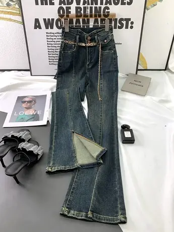 韩版链条两粒扣牛仔喇叭裤2023秋季新款显瘦百搭高腰裤弹力微喇裤商品大图