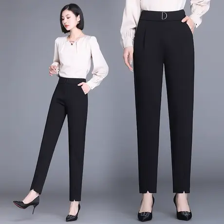 哈伦裤子女高腰黑色大码松紧腰2023年秋季新款韩版休闲开叉烟管裤图片
