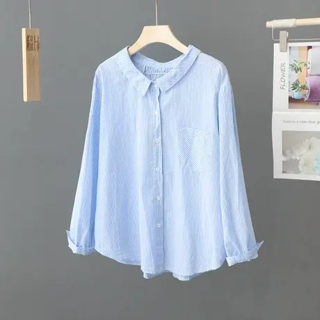 韩范通勤文艺小清新竖条纹长袖衬衫女小众宽松休闲衬衣打底上衣图片
