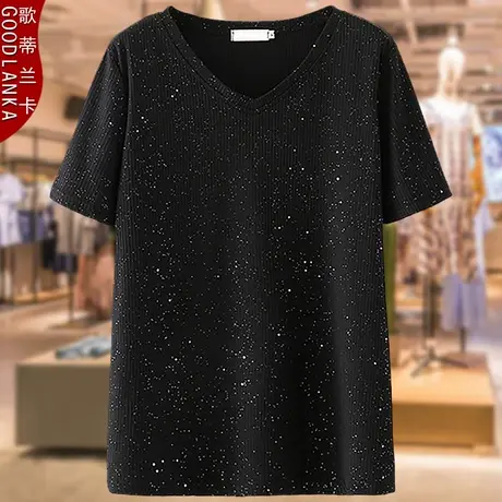 加肥加大码女装200斤洋气遮肉短袖上衣宽松胖妈妈洒金时尚短袖T恤商品大图