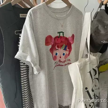 趣味彩绘娃娃头像减龄卡通宽松慵懒休闲大版短袖棉T恤韩系体恤女图片