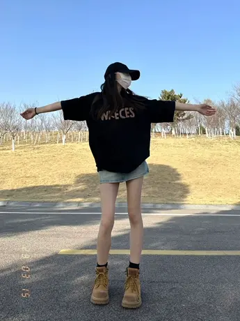 纯棉夏季黑色短袖t恤女oversize圆领宽松小个子美式复古潮牌上衣商品大图