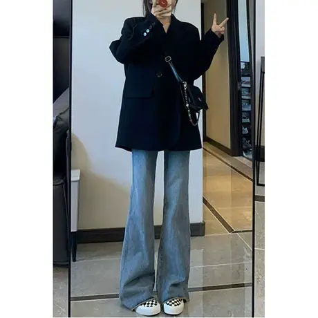 毛边微喇牛仔裤女秋冬高腰显瘦美式高街复古设计感小众拖地阔腿裤图片