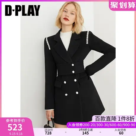 DPLAY秋装新名媛气质黑色定制宽肩廓形双排扣西装羊毛呢大衣图片