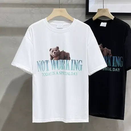 小熊短袖男士夏季2023新款白色潮牌潮流ins宽松薄款冰丝半袖体t恤商品大图