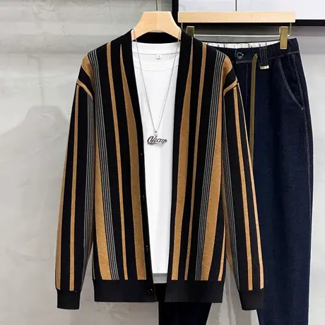 2023秋季日系复古新款学院风男士针织开衫韩版修身休闲毛衣外套潮商品大图