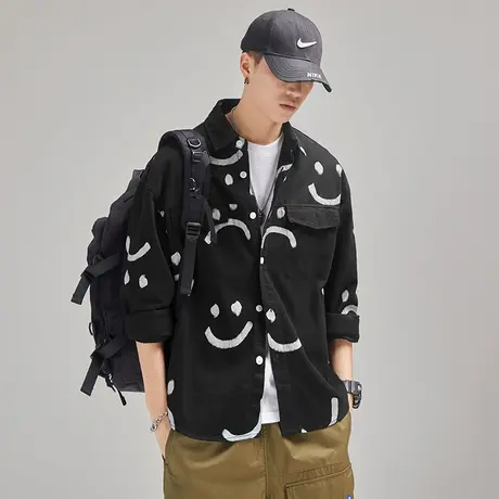 Modi Nick/摩帝尼克潮牌印花男士衬衫复古潮流水洗工艺休闲男上衣图片