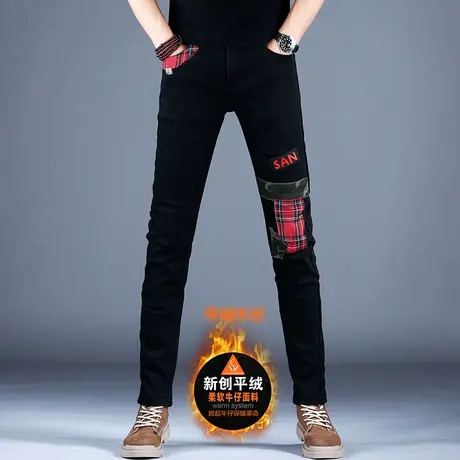 2023新款黑色拼接裤子男牛仔裤男欧美欧洲修身小脚夏季薄保暖休闲图片