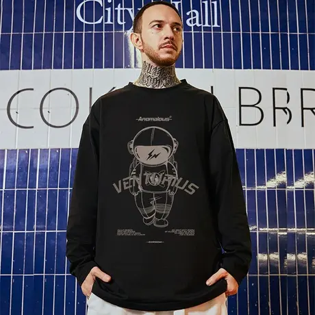 oversize美式潮牌胖子男装加肥加大码国潮宇航员宽松长袖T恤春季商品大图