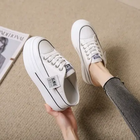 包头半拖鞋女外穿春夏季松糕厚底内增高帆布鞋2023新款小白鞋凉拖商品大图