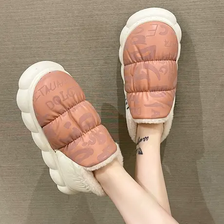 羽绒防水拼色棉拖鞋女冬季加绒月子保暖室内家居防滑包跟厚底棉鞋图片